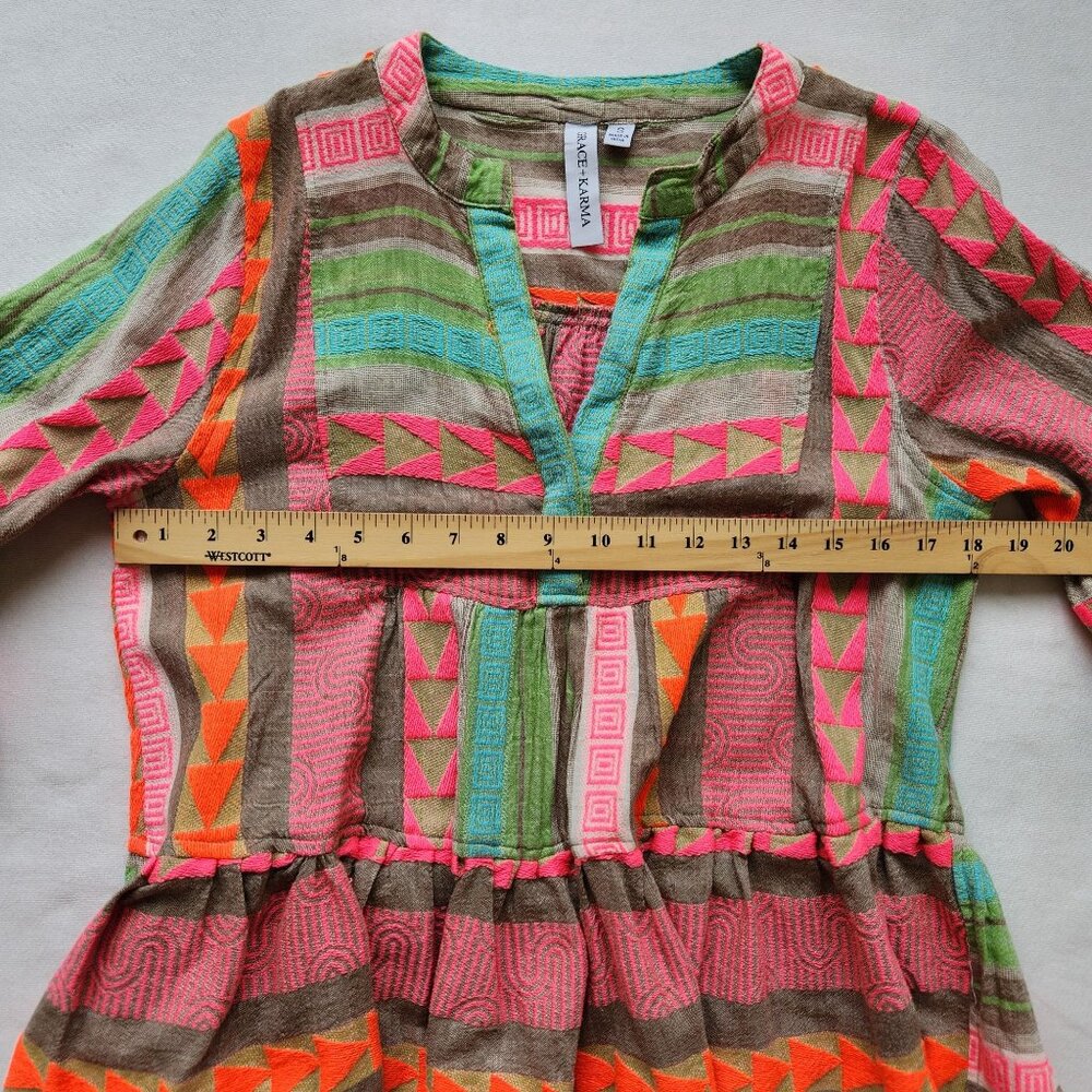Colorful Neon Aztec Geometric Mini Babydoll Dress Bell Sleeves Summer Coquette - Picture 10 of 10